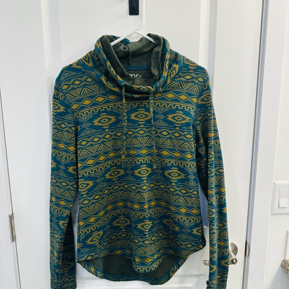 Kavu Geometric Cowl Neck Sweater - Teal and Mustard